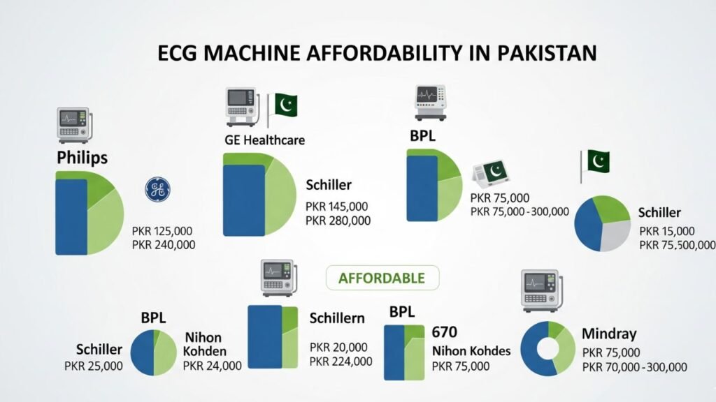 An infographic showing the price ranges of different brands of ECG machines in Pakistan. (ECG machine price in Pakistan)