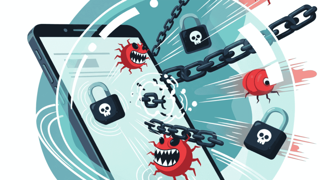 An illustration of a smartphone screen being protected from digital threats by a security shield.