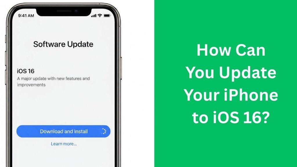 An iPhone screen displaying the 'Software Update' section in Settings, with the option to 'Download and Install' iOS 16, guiding users on how to update their device.