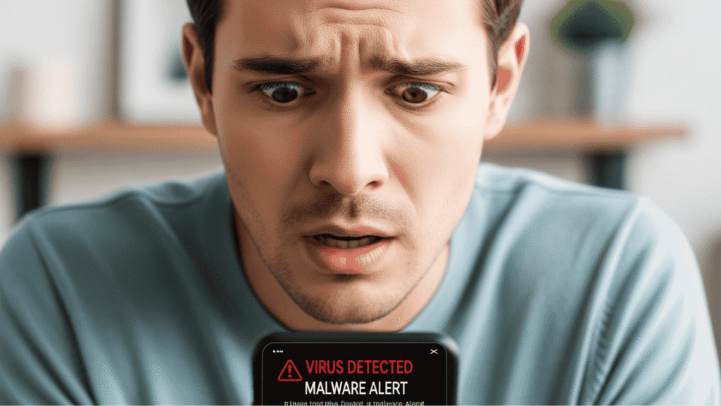 A person looking worriedly at their phone, which displays a virus warning message.