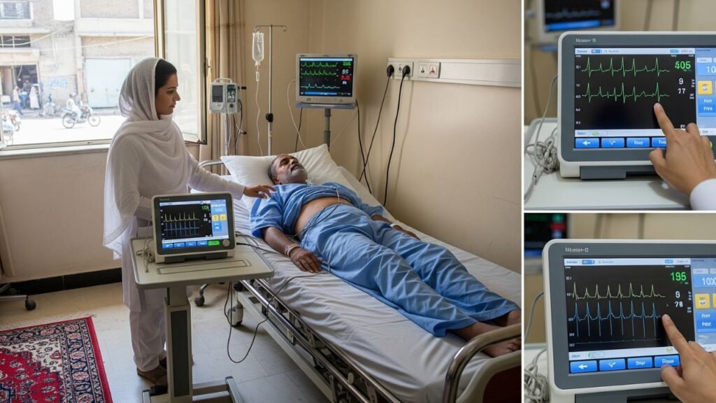 A nurse using a portable ECG machine on a patient in a hospital room, highlighting its compact design. (ECG machine price in Pakistan)